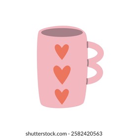 Cup with heart. Pink cup with red hearts for Valentine's Day illustration. Vector flat illustration