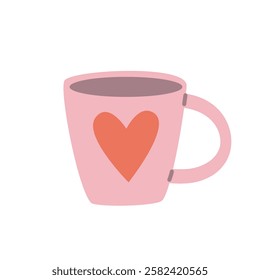 Cup with heart. Pink cup with red hearts for Valentine's Day illustration. Vector flat illustration