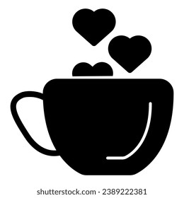 Cup with heart solid icon. Romantic Coffee cup illustration isolated on white. Hot drink cup with a heart shape steaming glyph style design, designed for web and app. Eps 10