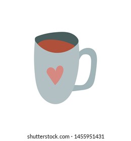 Cup with heart-painted tea or coffee isolated on white background. In a nice Scandinavian style. Vector.