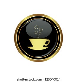 Cup with hearts dating icon on the black with gold round button. Vector illustration
