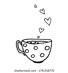   Cup with hearts for the design of holiday cards, invitations, menus, stickers, icons, packaging, posters. Doodle vector hand drawn illustrations on a white background.