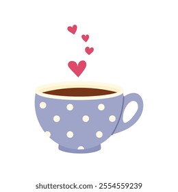 Cup and hearts. Love tea. Romantic concept of coffee shop, meeting, love, friendship, warm relationship. Vector illustration, flat style isolated on white background.