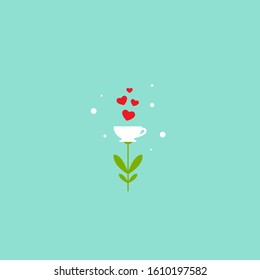 cup with hearts and sleaves icon. Mug with tea or coffee icon flat.   Vector illustration isolated on powder blue background. Morning coffee inspiration. Romantic date. St. Valentine card.