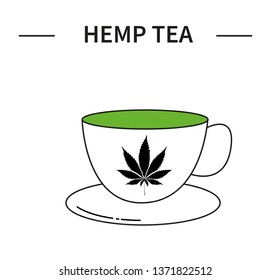 A cup with hemp tea with a leaf of cannabis. Line art icon. Organic food.