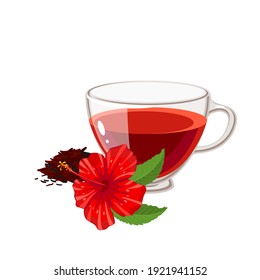 Cup Of Herbal Hibiscus Tea. Vector Illustration Cartoon Flat Icon Isolated On White Background.