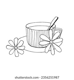 Cup of herbal hot tea with chamomile, drawn in the style of doodles. Vector EPS10.