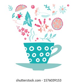 Cup with herbal ingredients - chamomile, lemon, mint, cranberries and barberries, cloudberries, fireweed, linden. Hand drawn doodle color herb illustration
