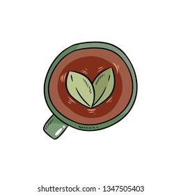Cup of herbal tea. Hand drawn comic style tea leaves drink.