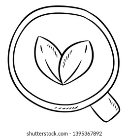 Cup of herbal tea. Hand drawn comic style tea leaves drink doodle