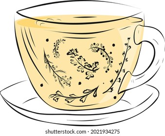 A cup of herbal tea. Health drinks. A glass cup with a saucer. Outline vector illustration. Isolated sketch on a white background