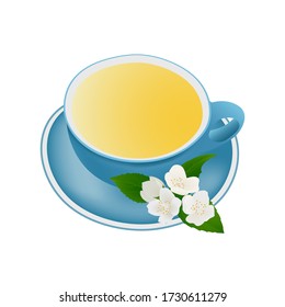 A cup of herbal tea with jasmine flowers and leaves are isolated on the white background. Vector illustration.