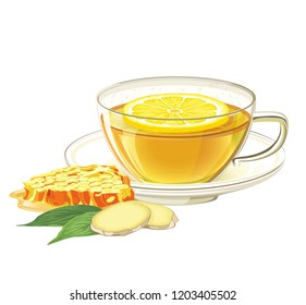 Cup of herbal tea with lemon, ginger  and honeycomb. Vector illustration on isolated white background