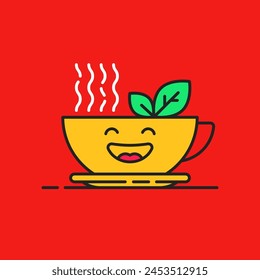 cup of herbal tea like yummy emoji. flat outline style graphic trend modern abstract design logotype element isolated on red. concept of delicious drink for healthy, easy and energetic start to day