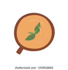 Cup of herbal tea with mint leaf. Top view of mug with hot fresh drink. Morning beverage. Colored flat vector illustration isolated on white background