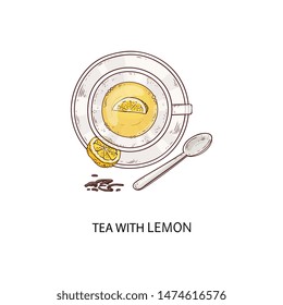 Cup of herbal tea with a slice of lemon icon vector illustration in sketch doodle style isolated on white background. Various tea types symbol for menu and packaging.