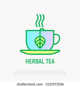 Cup with herbal tea thin line icon. Modern vector illustration.
