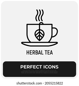 Copa con un ícono de delgada línea de té de hierbas. Ilustración vectorial moderna.