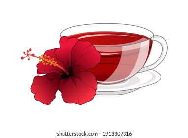 Cup of hibiscus tea with a beautiful red flower