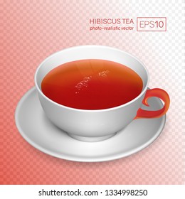 A cup of hibiscus tea isolated on transparent background. White porcelain cup of rose herbal tea in a realistic style. This cup can be placed on any background. Vector illustration