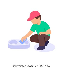 Cup Holder Cleaning, wiping inside cup storage area, Flat vector character illustration