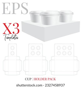 Cup Holder die cut Template, vector. Two, four and six cup holder set design. Coffee, Ice Cream Cup Holder. White, clear, blank, isolated cup holder mock up on white background with perspective view