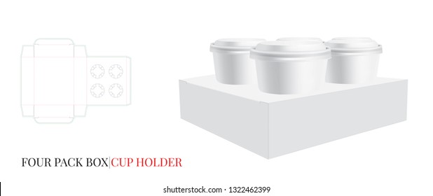 Cup Holder Template, Four Beer Pack. Vector With Die Cut / Laser Cut Lines. Coffee, Ice Cream Cup Holder. White, Clear, Blank, Isolated Four Pack Mock Up On White Background, Self Lock Without Glue