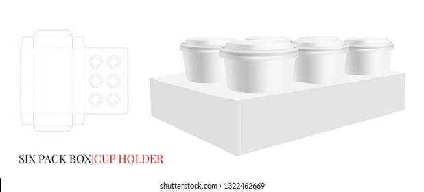 Cup Holder Template, Six Beer Pack. Vector with die cut / laser cut lines. Coffee, Ice Cream Cup Holder. White, clear, blank, isolated Six Pack mock up on white background with perspective view. 3D