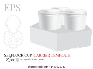 Plantilla del soporte de la copa, Paquete de tres cervezas. Vector con líneas de corte por láser/corte por láser. Café, soporte de la Copa de Crema de Hielo. Blanco, claro, en blanco, aislado Tres paquetes se burlan sobre fondo blanco, auto bloqueo sin pegamento