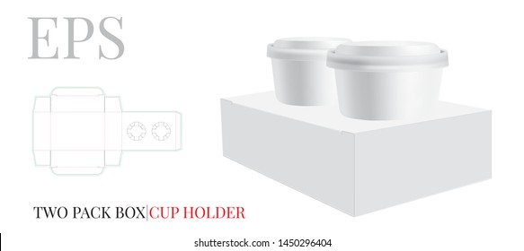 Cup Holder Template, Two Beer Pack. Vector with die cut / laser cut lines. Coffee, Ice Cream Cup Holder. White, clear, blank, isolated Two Pack mock up on white background with perspective view