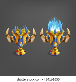Cup from the horns with luxury decoration and a blue flame. Vector illustration.