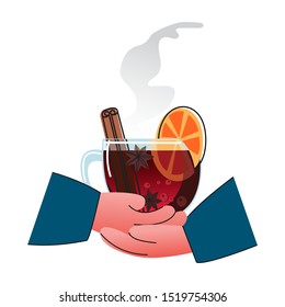 Cup of hot aromatic mulled wine with cinnamon, orange and baggyan stars in hand. Vector illustration on a white background