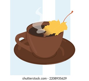 A cup of hot autumn tea or coffee. Yellow autumn leaf lies in a cup. Trendy hand-drawn autumn illustration. Cute concept. Vector illustration.