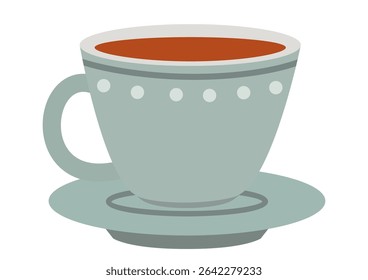 Cup of hot beverage on saucer. Simple flat style illustration of a drinkware. Coffee or tea time concept element for graphic design.