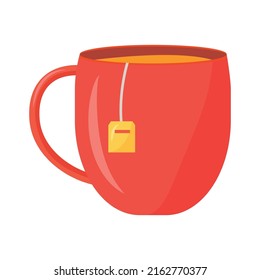 Taza de bebida caliente objeto vector de color semiplano. Elemento de tamaño completo sobre blanco. Vierta agua hirviendo sobre bolsitas de té. Té cálido simple ilustración estilo caricatura para diseño gráfico web y animación