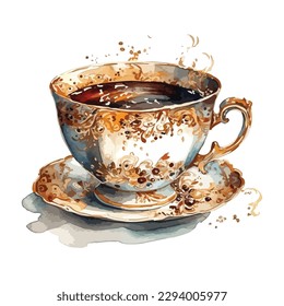 A cup of hot black coffee in a classic vintage porcelain tea cup rococo style in watercolor