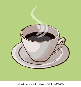 Cup of hot black coffee concept on plate with steam on green background isolated vector illustration