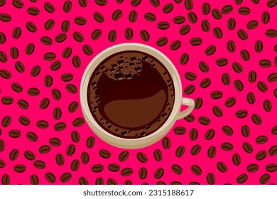 A cup of hot black coffee surrounded by randomly scattered coffee beans on an pink background