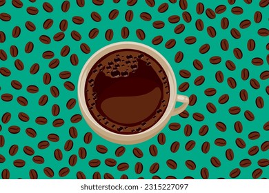 A cup of hot black coffee surrounded by randomly scattered coffee beans on an green background