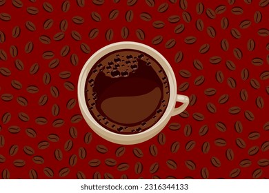 A cup of hot black coffee surrounded by randomly scattered coffee beans on an red background