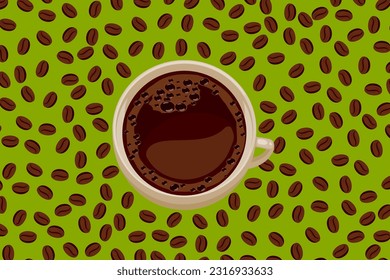 A cup of hot black coffee surrounded by randomly scattered coffee beans on an green background