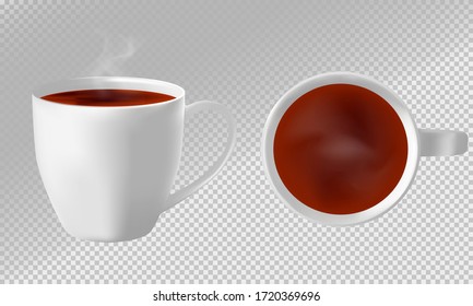 A Cup of hot black tea. Vector illustration of the side and top view of a realistic teacup model.