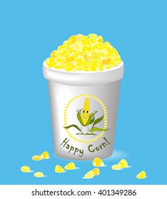 Cup of hot boiled corn with cute label. Fresh, fast, tasty and healthy meal. Corn in paper glass with a happy corn man emblem. Blue background.