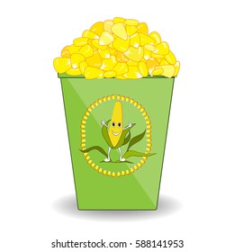 Cup of hot boiled corn with cute label. White background.