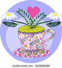 Cup of hot camomile tea and stem with leaves and flowers. Chamomile stem with leaves and flowers. Vector illustration cartoon flat icon isolated on white.