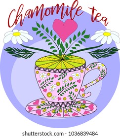 Cup of hot camomile tea and stem with leaves and flowers. Chamomile stem with leaves and flowers. Vector illustration cartoon flat icon isolated on white.