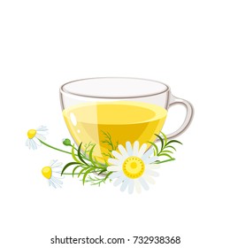 Cup of hot camomile tea and stem with leaves and flowers. Chamomile stem with leaves and flowers. Vector illustration cartoon flat icon isolated on white.