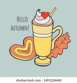 Cup hot cappuccino coffee with autumn leaves. Autumn mood concept. Warm autumn picture. Fall illustration