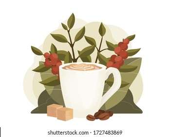 Cup of hot cappuccino with coffee beans and sugar cubes illustration. Coffee berries and leaves in the background. Stock vector.