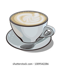A cup of hot cappuccino coffee on a white background.